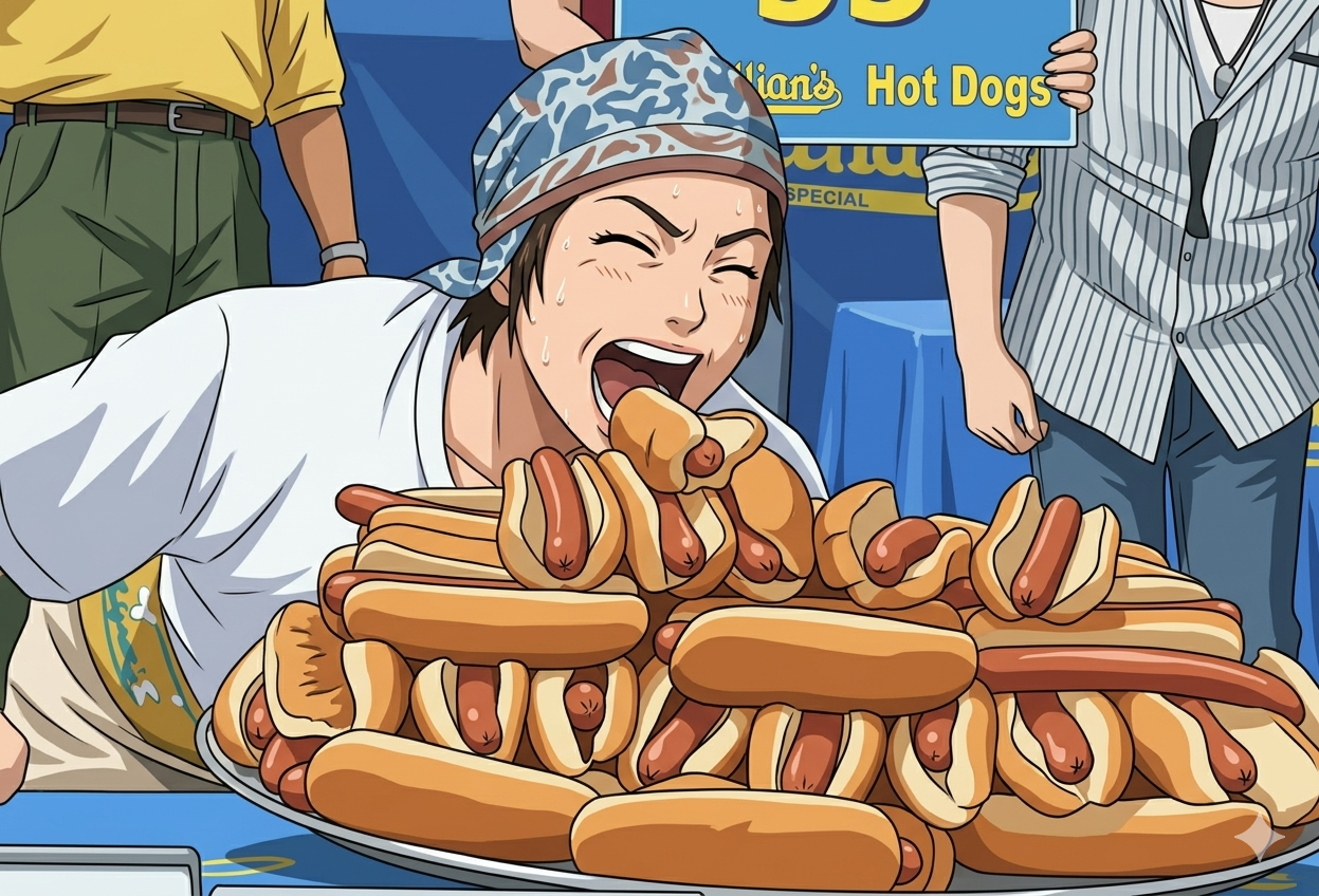 大食いの男性がホットドッグを食べている